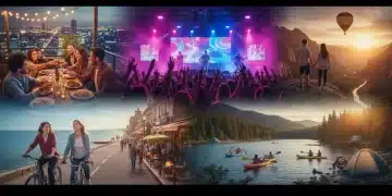 People enjoying diverse experiences like dining, concerts, and travel.