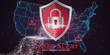 Cybersecurity Alert: Digital shield with padlock over binary code, symbolizing data breaches and security threats.