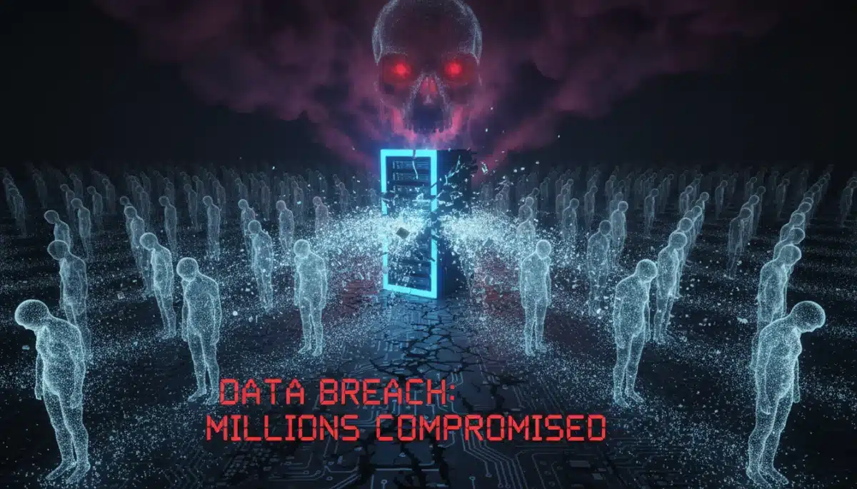 Data leakage visualization: Personal data escaping a digital system, representing millions of affected individuals.