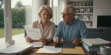 Senior couple reviewing documents regarding 2026 Medicare changes, looking thoughtful