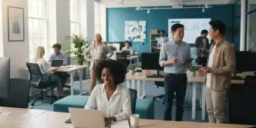 Energized US workers collaborating in a modern office environment, feeling inspired.