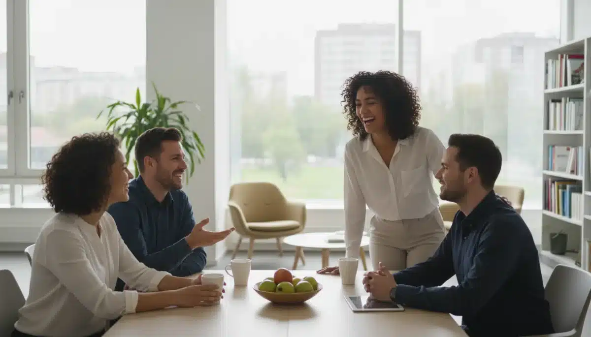 Colleagues having a positive social interaction, fostering workplace connection.