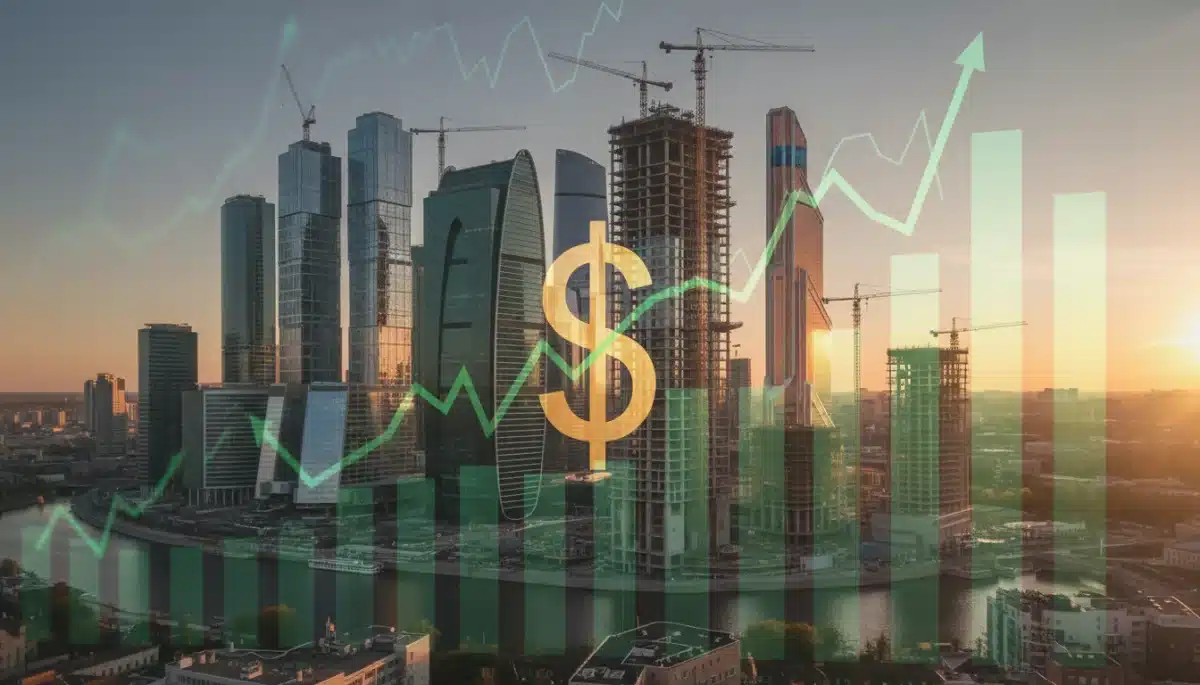 Cityscape with construction and rising real estate prices, symbolizing sector volatility.