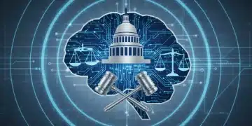 Conceptual image of US government proposals for AI regulation in 2026, showing AI brain and legal symbols.