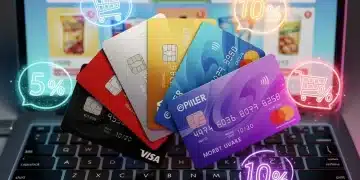Credit cards fanned out on laptop keyboard, cashback rewards