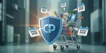 Shield safeguarding shopping cart and consumer goods, representing new consumer protection regulations in 2026.