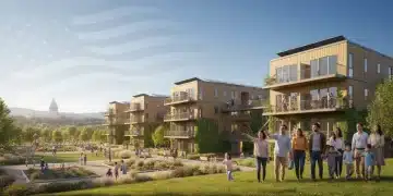 Families and individuals viewing new affordable housing developments, symbolizing federal housing initiatives 2026 impact.