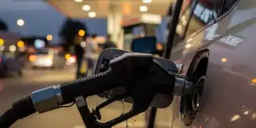 Gas pump nozzle and digital display showing fluctuating prices at a gas station