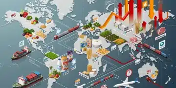 Global food supply chain showing interconnected routes and rising grocery prices forecast for 2026.