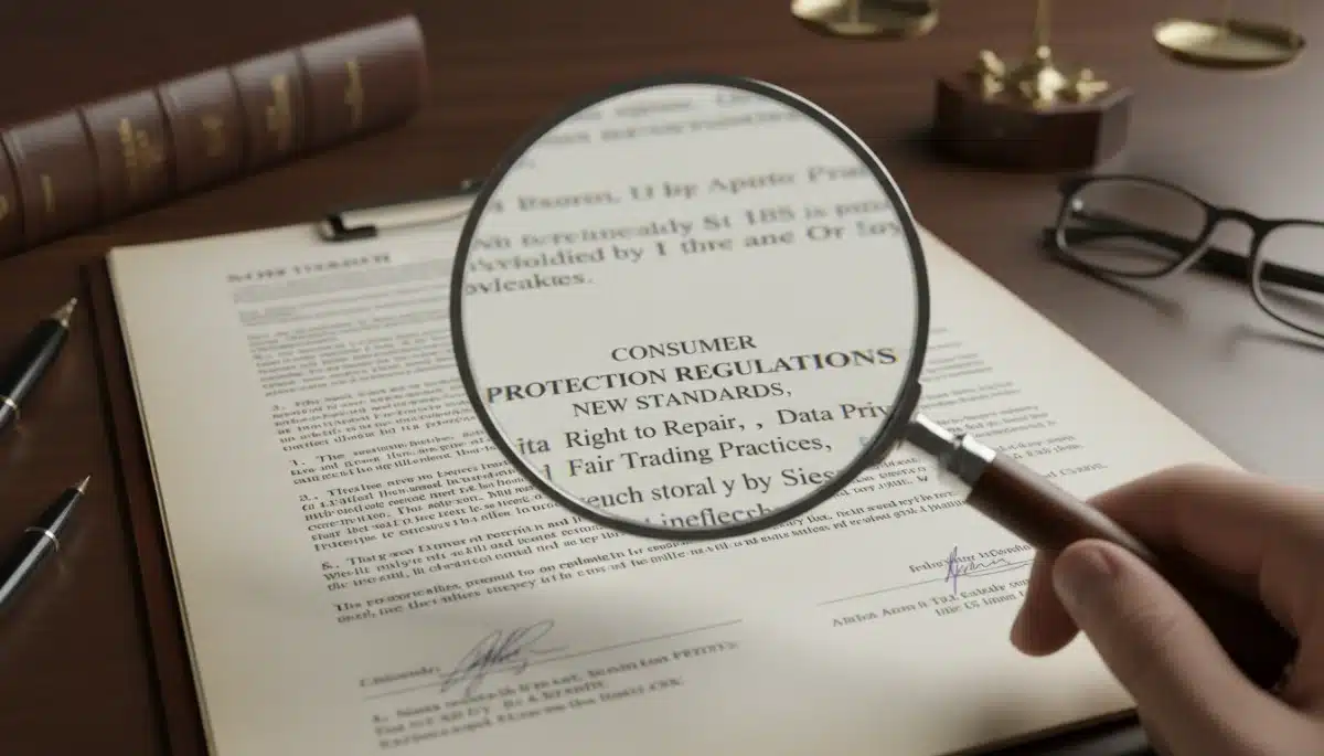 Magnifying glass over legal document, symbolizing detailed review of new consumer protection regulations.