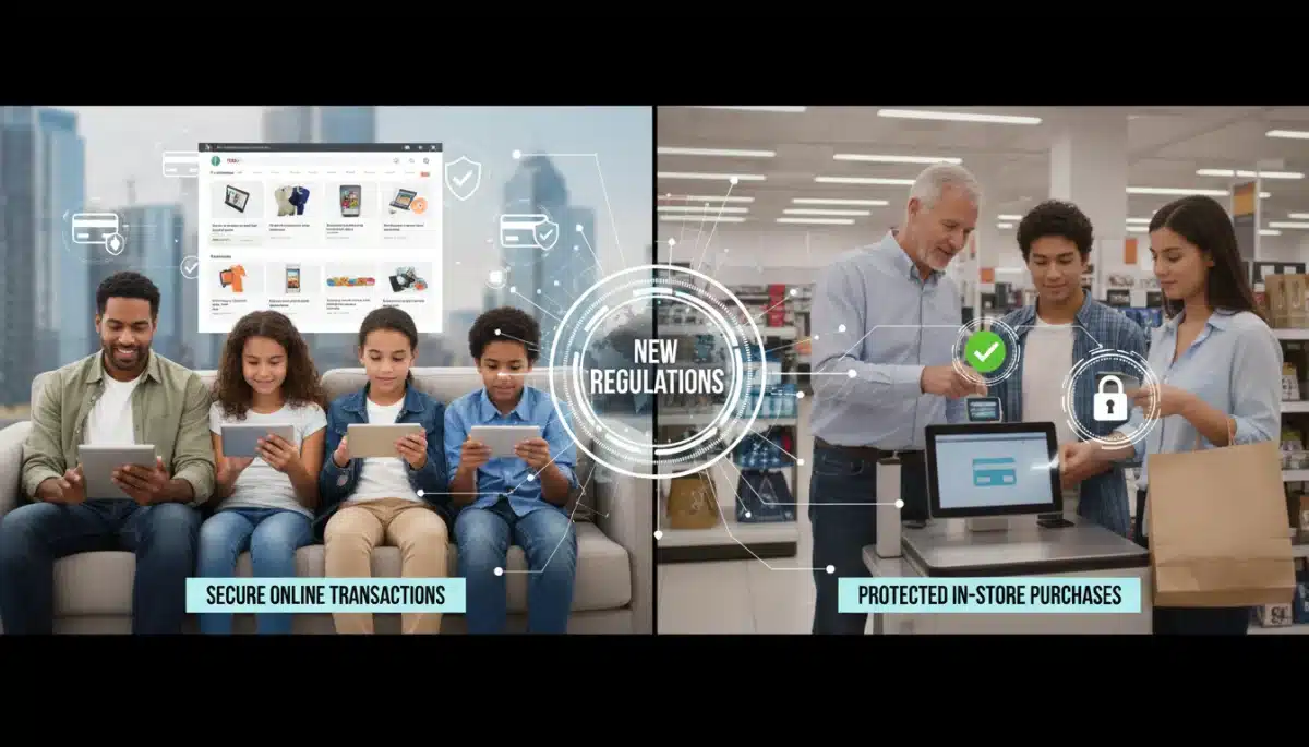 Diverse consumers shopping online and in-store with secure transaction icons, showing broad impact of new regulations.