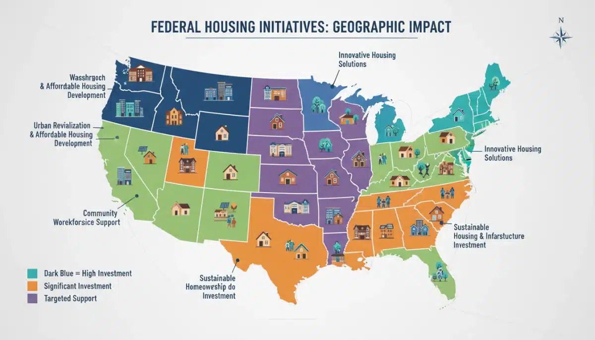 Map of the US highlighting regions benefiting from federal housing initiatives 2026.