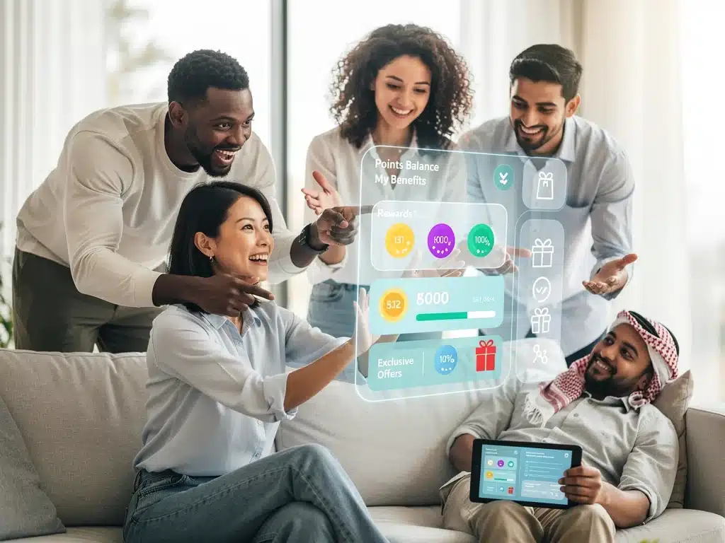 Diverse consumers engaging with a digital loyalty program, showcasing satisfaction.