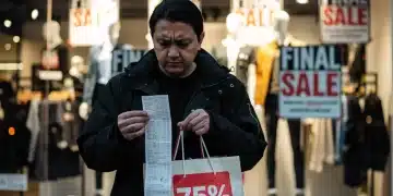 Woman contemplating a final sale purchase with a large discount tag