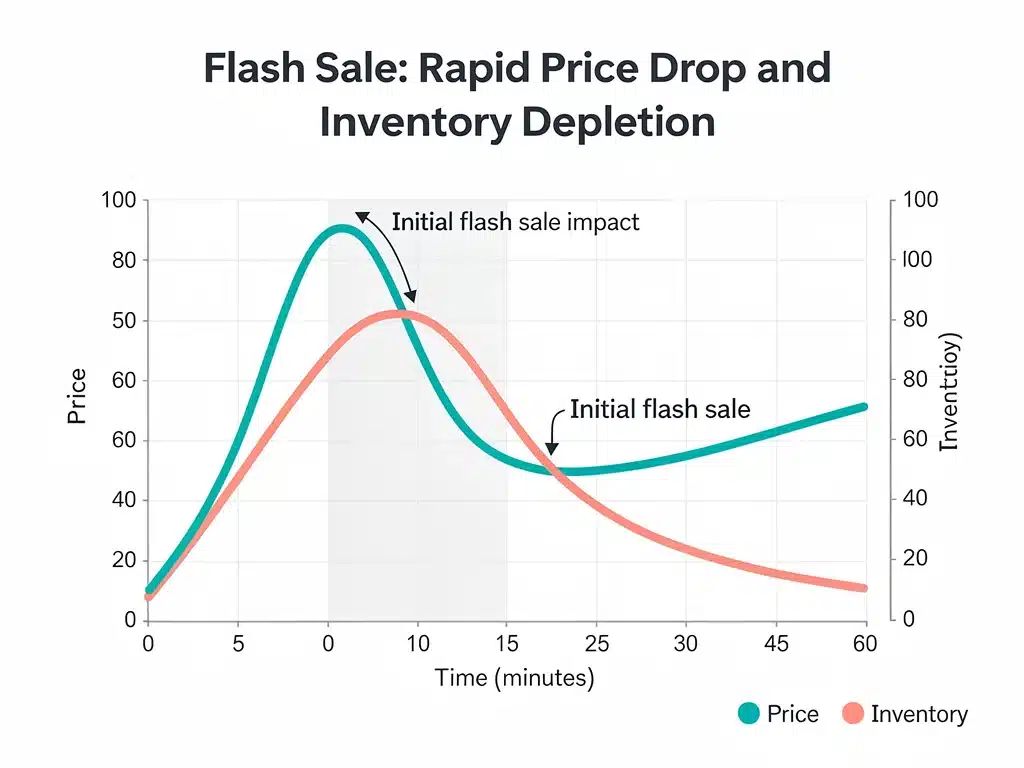Infographic showing price drop and inventory depletion curve during flash sales.