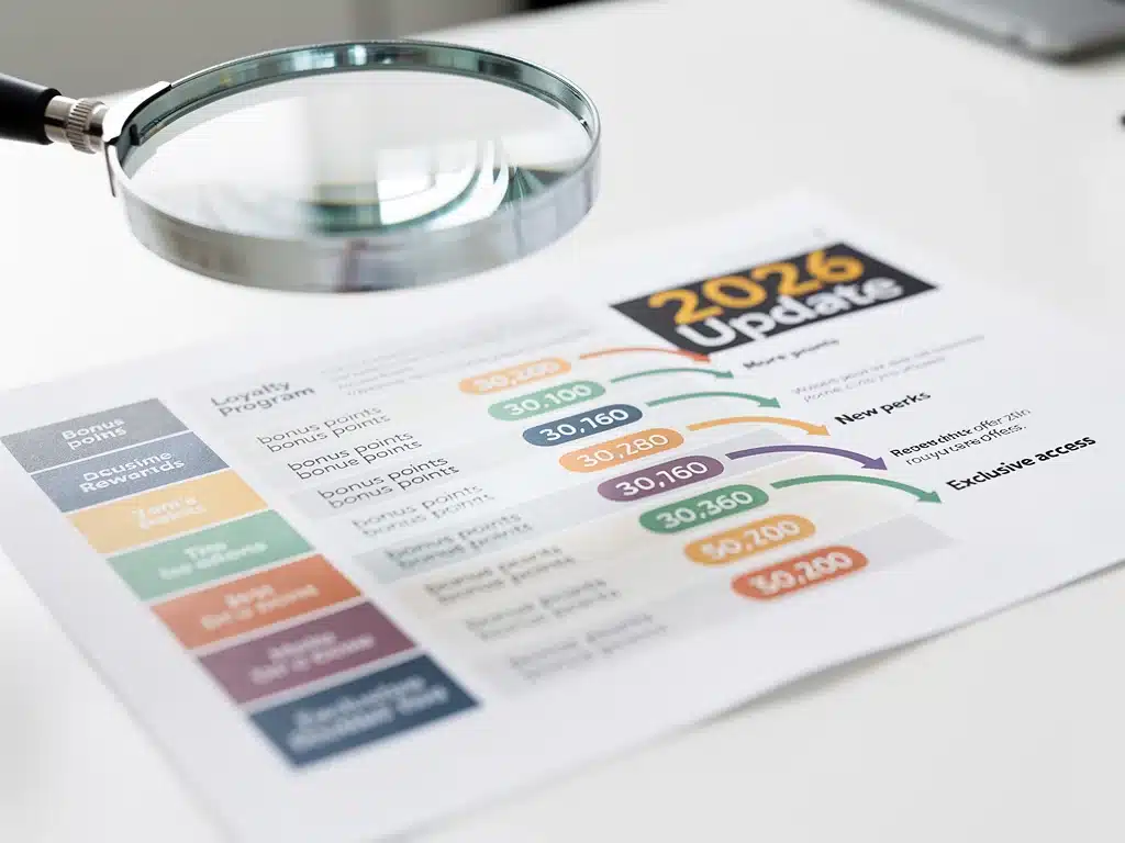 Magnifying glass examining a detailed chart of 2026 loyalty program reward tiers and bonus points.