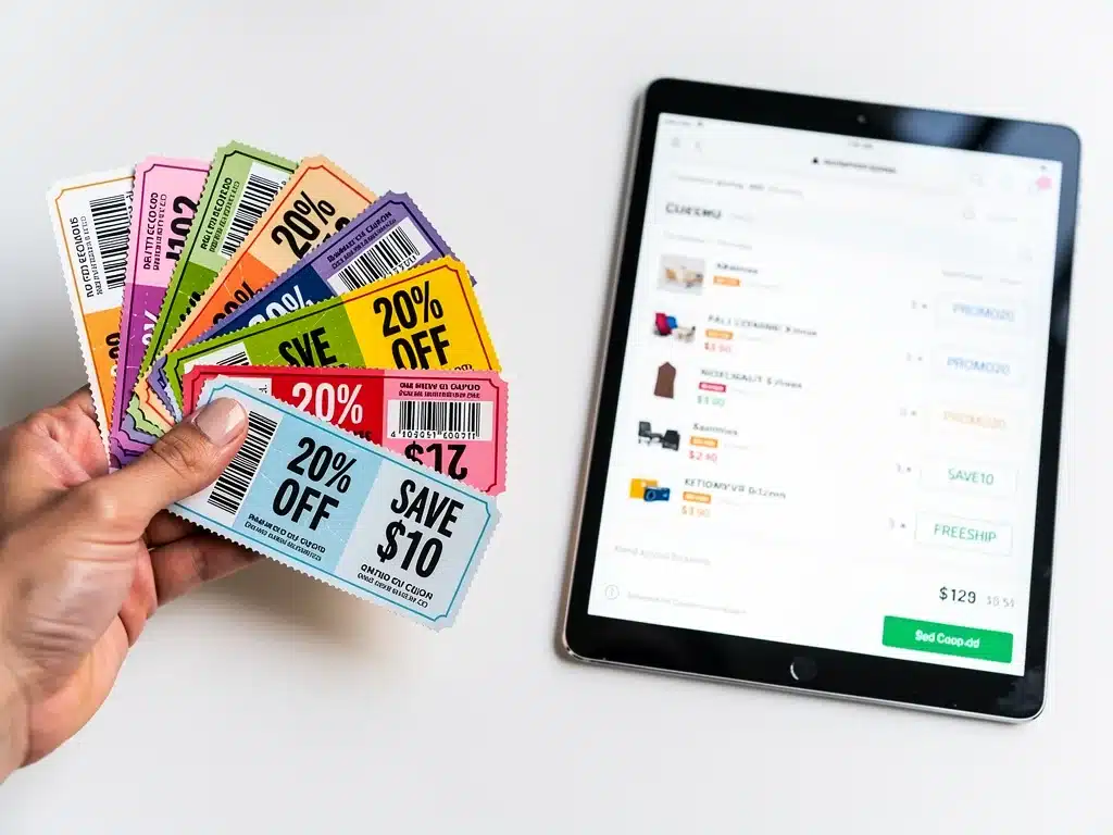 Physical and digital coupons being organized for stacking, symbolizing comprehensive savings.