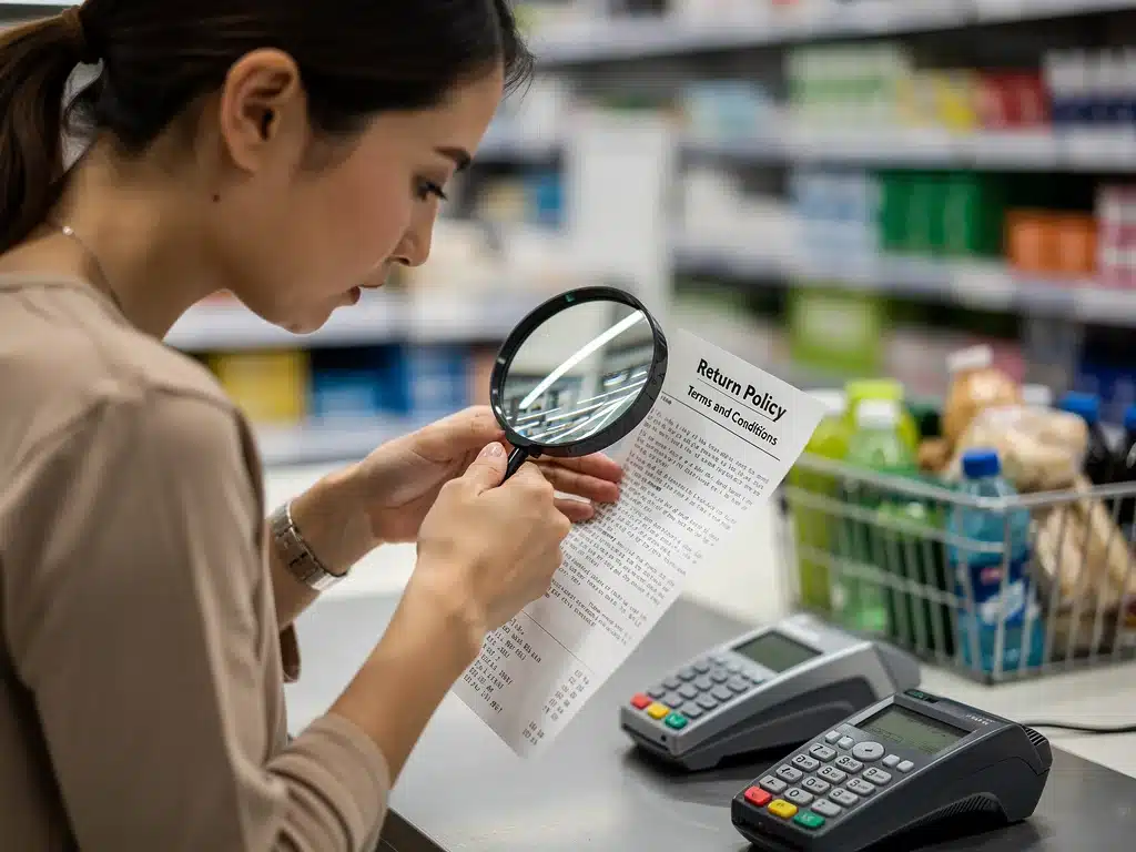 Person using a magnifying glass to read fine print on a receipt