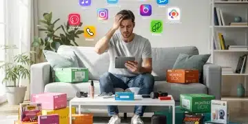 Overwhelmed person surrounded by subscription boxes and digital icons, representing subscription fatigue.