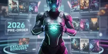 Futuristic gamer with controller, surrounded by holographic displays of 2026 video game pre-order information and exclusive bonus offers.