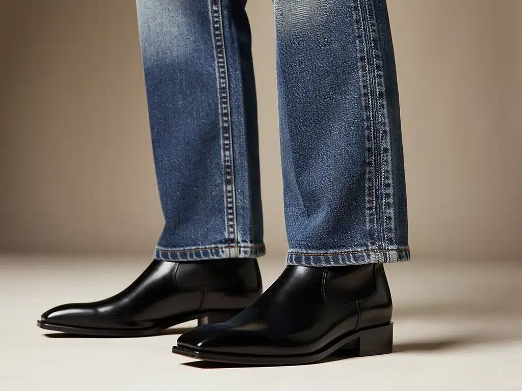 Close-up of barrel-leg denim jeans with unique seam detailing and ankle boots