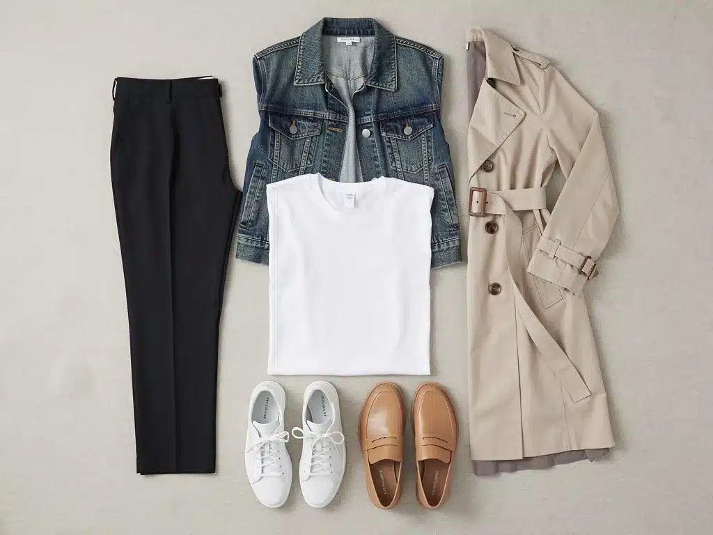 Flat lay of essential neutral-toned capsule wardrobe items.