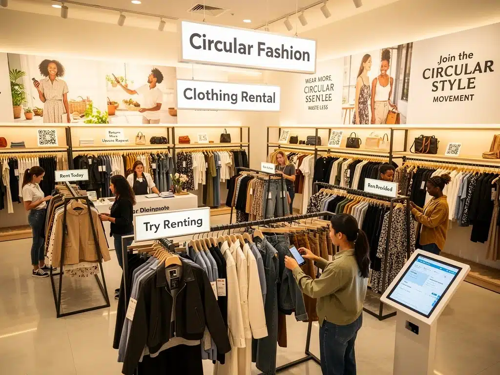 Shoppers engaging with circular fashion and clothing rental displays in a U.S. retail store.