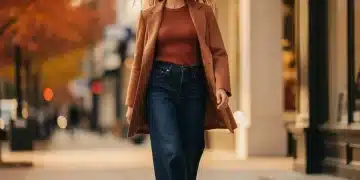 Model showcasing dark wash wide-leg denim jeans for fall 2026