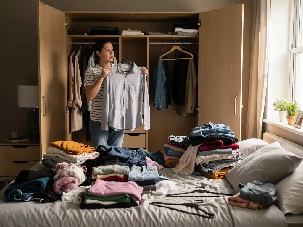 Person decluttering a messy closet, evaluating clothes