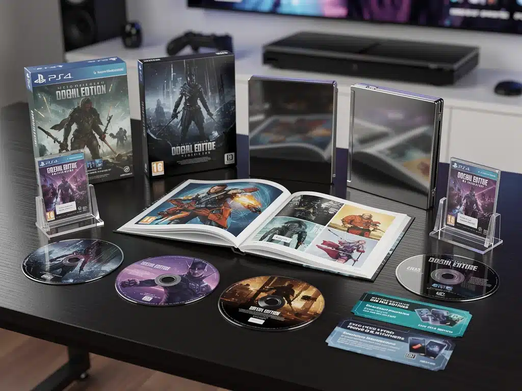 Assortment of physical and digital video game special editions and exclusive pre-order bonuses.