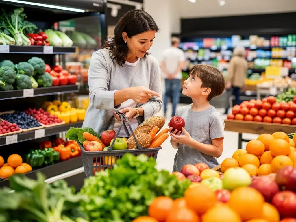 Parent and child selecting healthy groceries, highlighting preventive health measures.