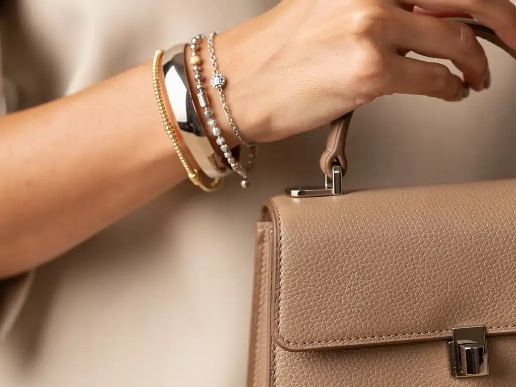 Detailed view of layered bracelets and a mini-bag, embodying the 2026 accessorizing guide.