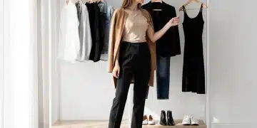 Woman showcasing versatile minimalist capsule wardrobe pieces. minimalist chic