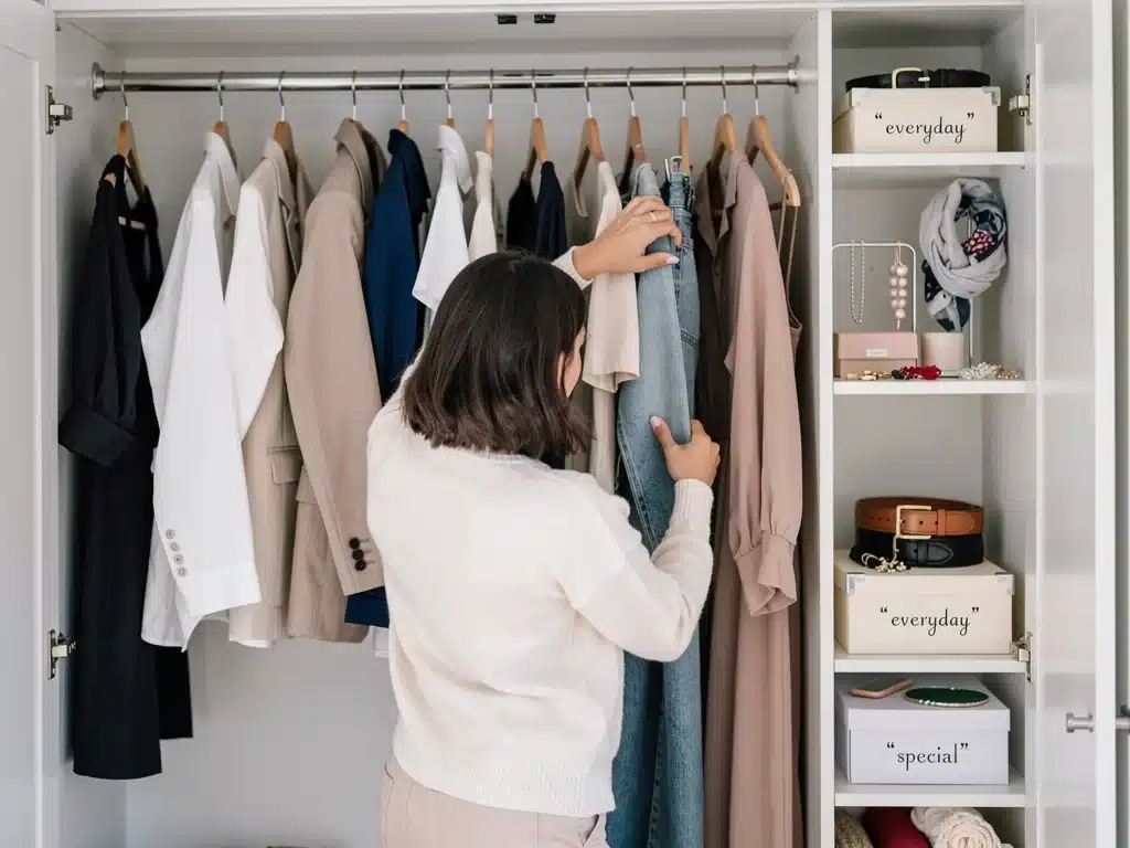 Organized minimalist closet with versatile clothing items.
