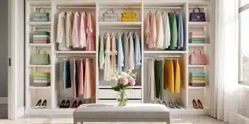 Organized spring wardrobe with colorful clothing and accessories