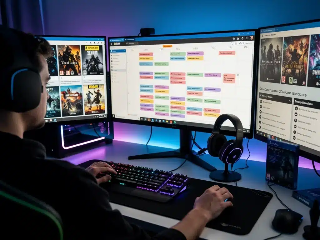 Gamer planning 2026 video game pre-orders on a digital calendar with retailer websites open.