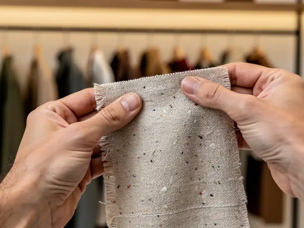 Hands inspecting a fabric swatch made from recycled materials in a boutique setting.