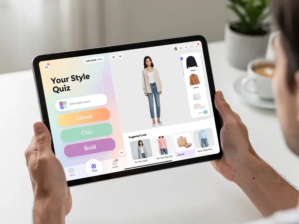 Woman using tablet for virtual try-on with personal styling app